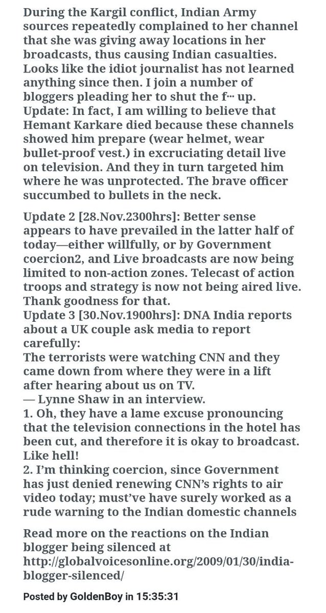 JaiViraj7's tweet photo. #DontForgetPak2611 
Chaitanya Kunte was forced to delete his blogpost and go off social media permanently, as Barkha Dutt and NDTV had issued legal notice against him, for a post against Barkha Dutt's irresponsible journalism during 26/11. https://t.co/v1o7YSNrpY