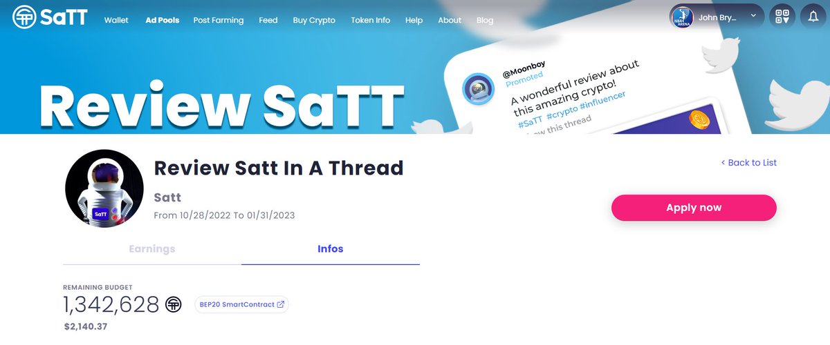 NFT_Promoter's tweet photo. Now you can make money with your social accounts! Post2Earn created by Satt and while you promote them you make money!
Their twitter campaign still got $2,140 to share. Go and register them today!
https://t.co/CJkJsCW0xx
#SocialFi #Post2Earn” #SaTT #ProofOfPost @SaTT_Token https://t.co/FycjWM6m2p