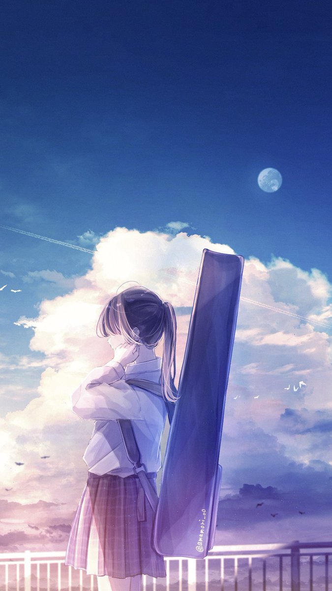 1girl skirt solo cloud sky instrument case ponytail  illustration images