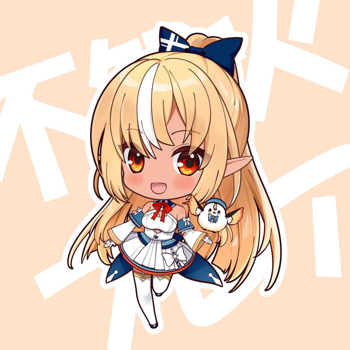 shiranui flare 1girl blonde hair long hair chibi dark-skinned female streaked hair pointy ears  illustration images