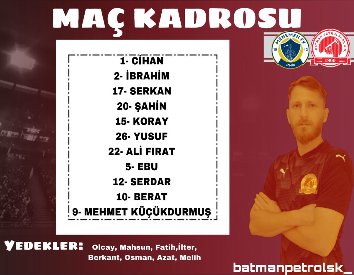 Menemen FK maçı 11'imiz belli oldu, takımımıza yürekten başarılar dileriz.

#GURBETÇİPETROLSPORLULAR