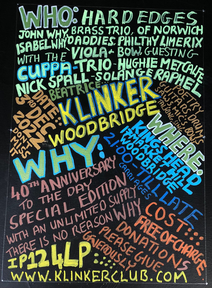 Breaking the fart barrier... Klinker Club - The Kings Head Woodbridge - 3rd December 9pm Till Late
Our 40th Anniversary to the day (Special Edition) 
#CaféOTO #StJudes #TheSteamboatTavern #twosisters  #Cuppa #Suffolk 
klinkerpromotions.co.uk/events/