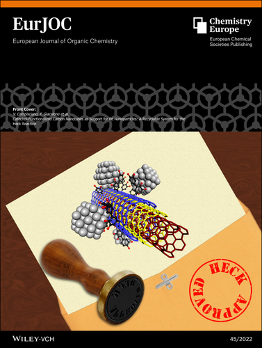 Our new cover is out #CoverFeature Catechol-Functionalized Carbon Nanotubes as Support for Pd Nanoparticles: A Recyclable System for the Heck Reaction (@EurJOC Issue 45/2022)  @unipa_it @UNamur  doi.org/10.1002/ejoc.2…