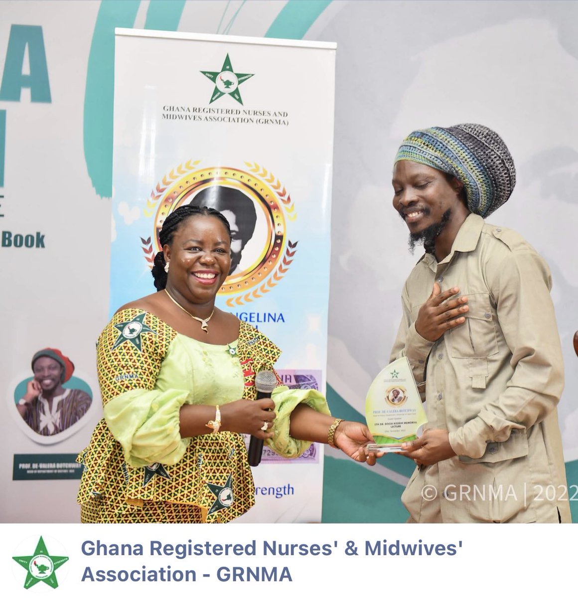 DeBotchway's tweet photo. Gratitude is a must. Prof De-Valera Botchway receiving  an award from the from Mrs Perpetual Ofori-Ampofo, President of GRNMA at the 5th Dr Docia Kisseih Memorial Lecture in Accra on 25 November 2022. Thanks to GRNMA. https://t.co/6nO2RWpNJL