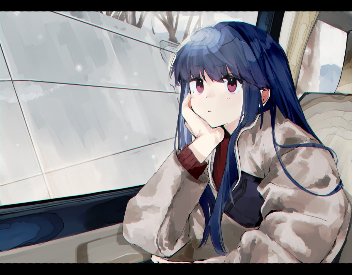 shima rin 1girl solo blue hair long hair head rest letterboxed purple eyes  illustration images