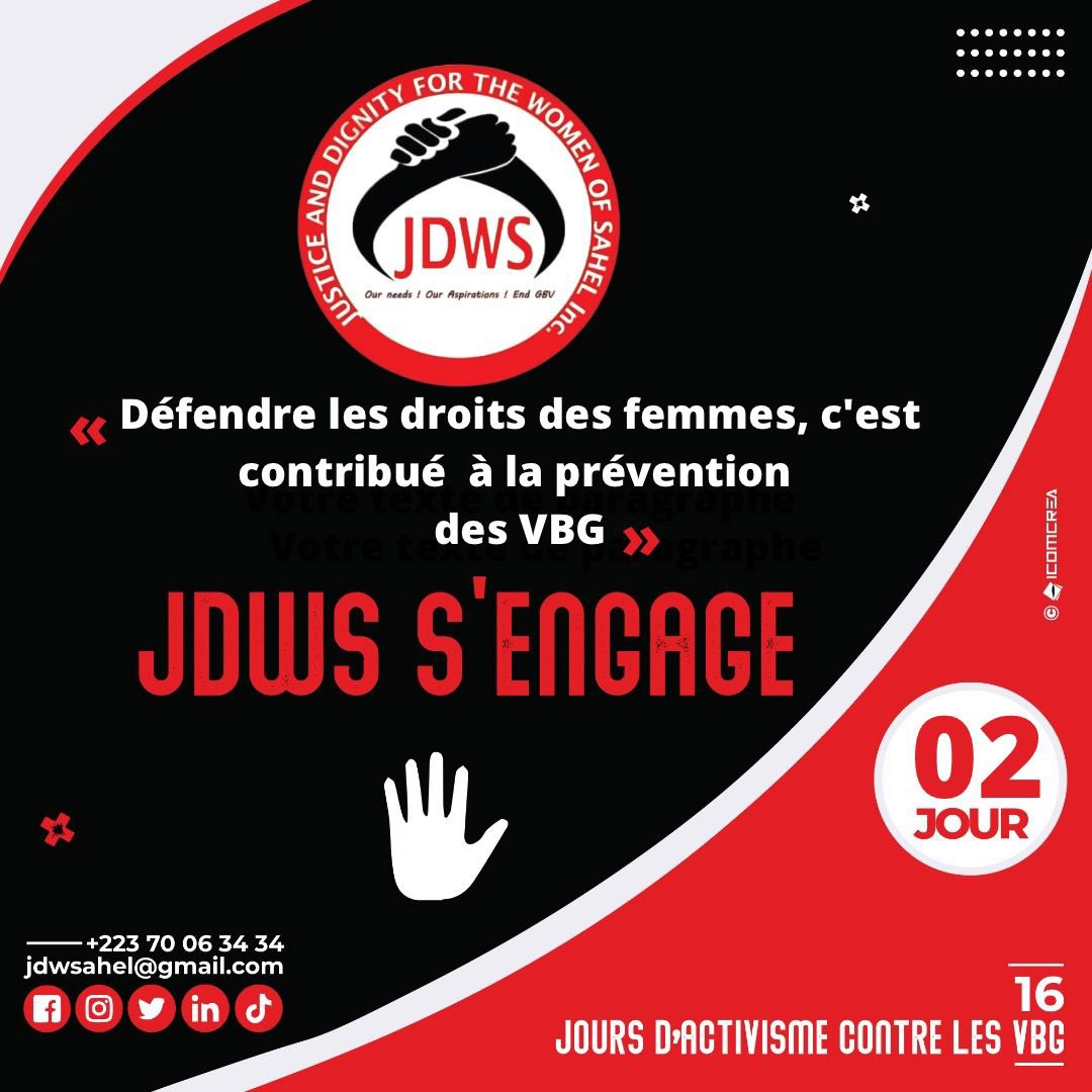 Chaque jour une femme est victime de VBG . JDWS s’engage à lutter contre les VBG .  #16joursd’activisme  #JDWS  #Non au VBG