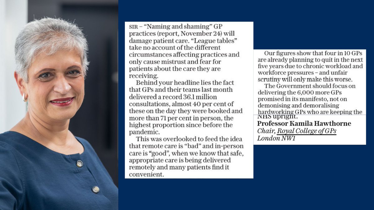rcgp's tweet photo. College Chair @KamilaRCGP in @Telegraph this morning responding to recent anti-GP headlines.

"The Government should focus on delivering the 6,000 more GPs promised in its manifesto, not on demonising and demoralising hardworking GPs who are keeping the NHS upright" https://t.co/abwnlfapX6