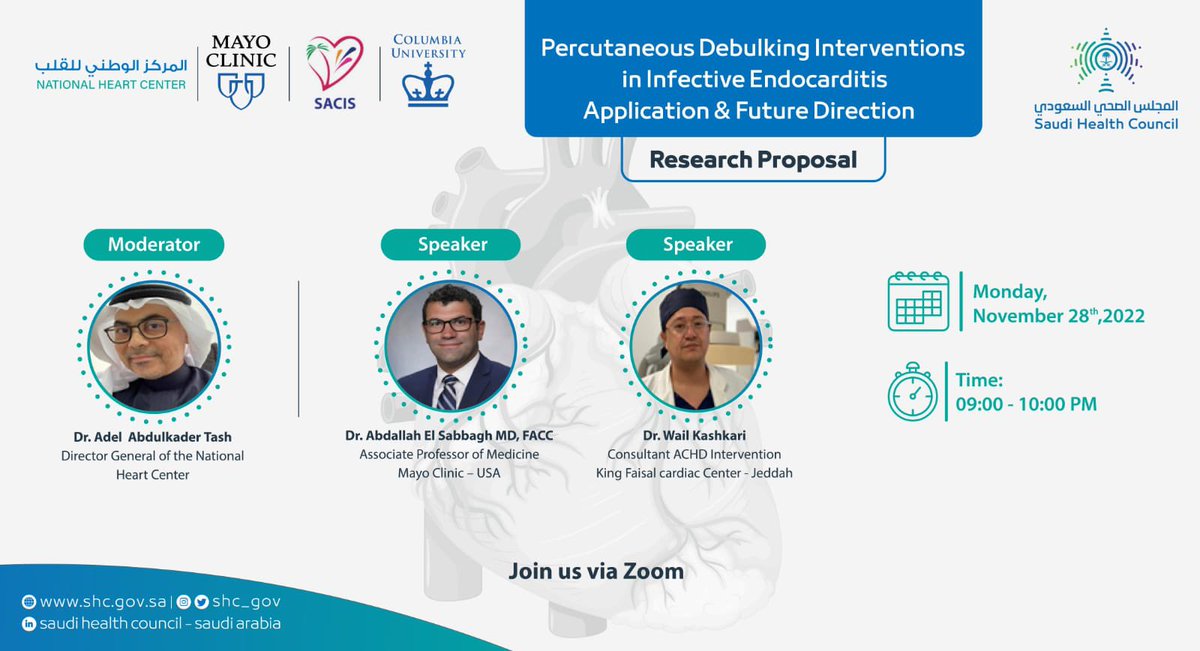 sacisforum's tweet photo. #SACISGrandRound in collaboration with @SHC_GOV 

Chair @AdelTash 
Moderator @AlkashkariWail
Speaker @aelsab 
Organizer @mirvatalasnag 

“Percutaneous debulking for IE”
Pls join us to learn more about this opportunity for international research

🔗 https://t.co/tmW6CdrLhE https://t.co/NsGNW8HupY