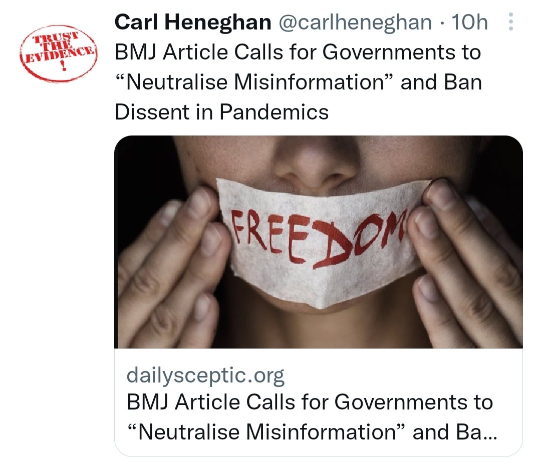 _johnbye's tweet photo. Carl Heneghan has gone from Professor of Evidence Based Medicine to retweeting a Daily Sceptic article written by a woman who thinks covid vaccines make you magnetic and are causing genocide. Oh dear.

https://t.co/FqUDAywZqU https://t.co/5VPqpwa74n