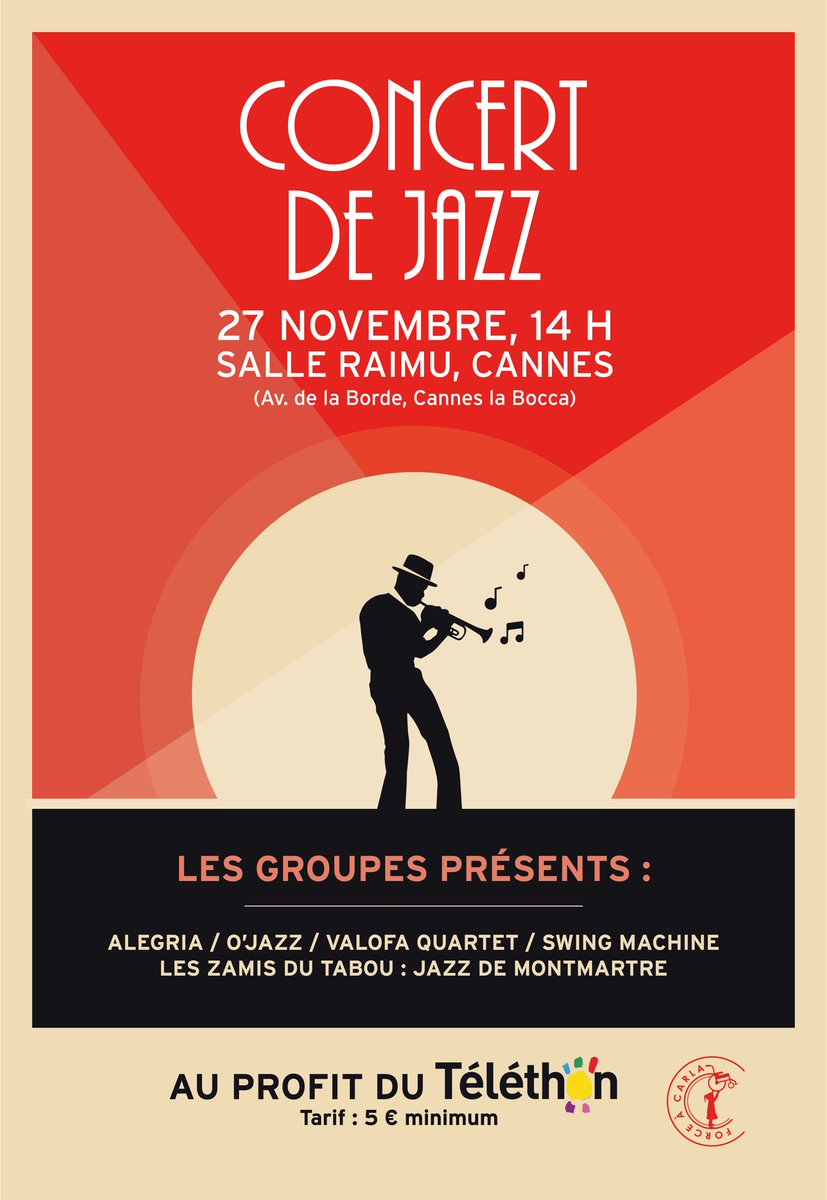 Demain, notre premier événement de l’année !
Un concert exceptionnel de Jazz à la Salle Raimu, dont l’intégralité des fonds sera reversée au <a href="/Telethon_France/">AFM-Téléthon</a> !
Buvette, tombola et vente de jouets vous attendent aussi 
#UnirNosEnergies #Teleton2022 <a href="/villecannes/">Cannes</a> <a href="/davidlisnard/">David Lisnard</a>