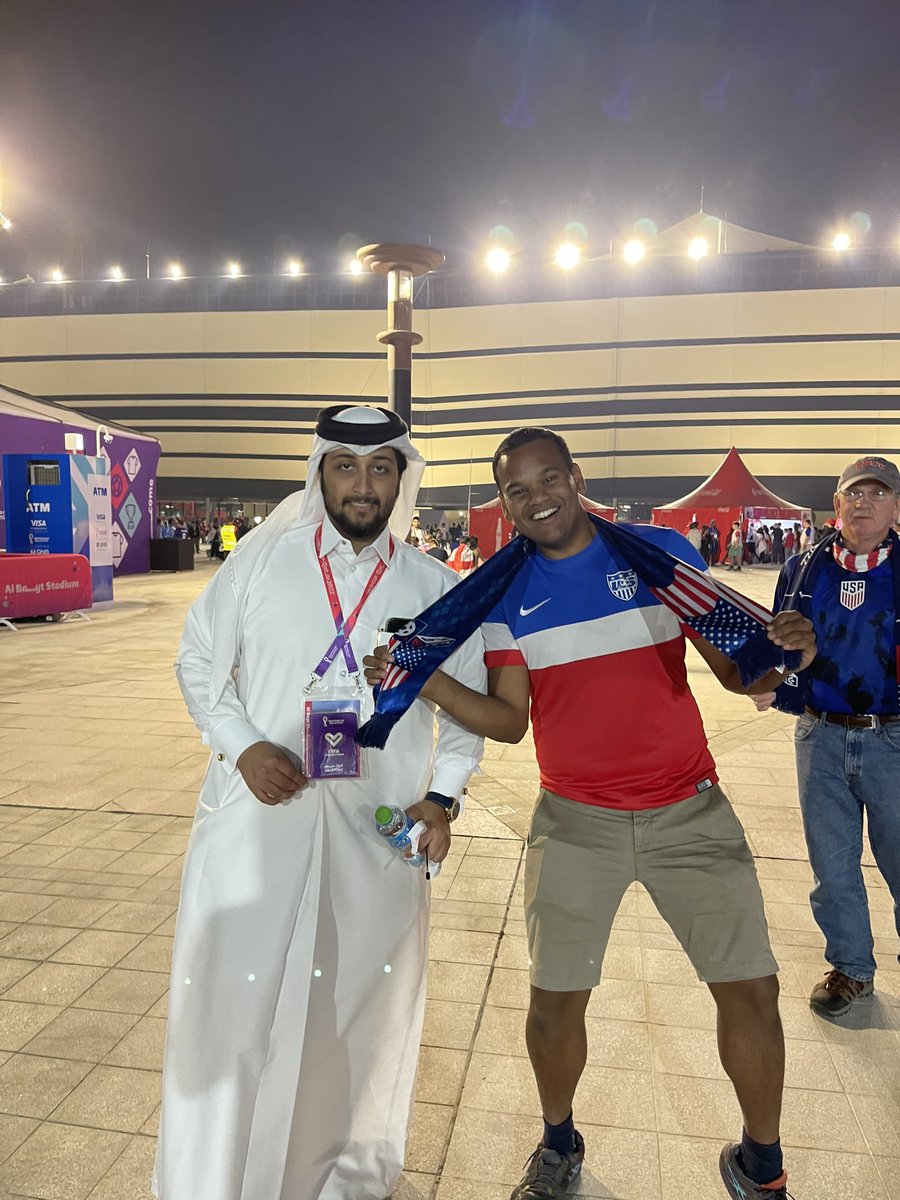 realbsadasivan's tweet photo. Great to stop by the #FIFAWorldCup in Qatar to watch @TeamUSA take on England! Big up to the team who picked up where we left off 246 years ago and gave the English a very difficult time (yet again)! 😝 A fabulous atmosphere all round courtesy of this beautiful sport 🇺🇸⚽️ https://t.co/AoOHXcBUMf