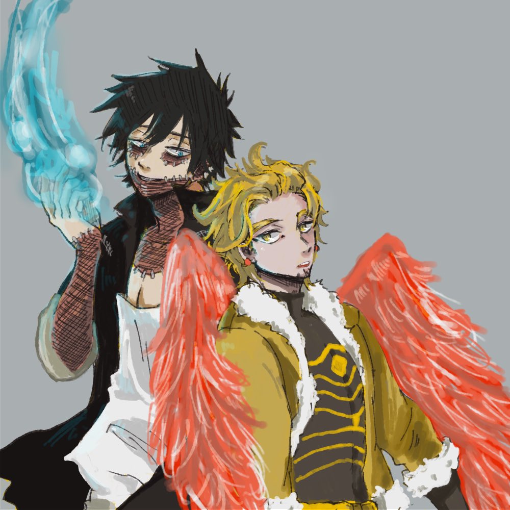 hawks (boku no hero academia) burn scar multiple boys 2boys blonde hair blue fire fire male focus  illustration images