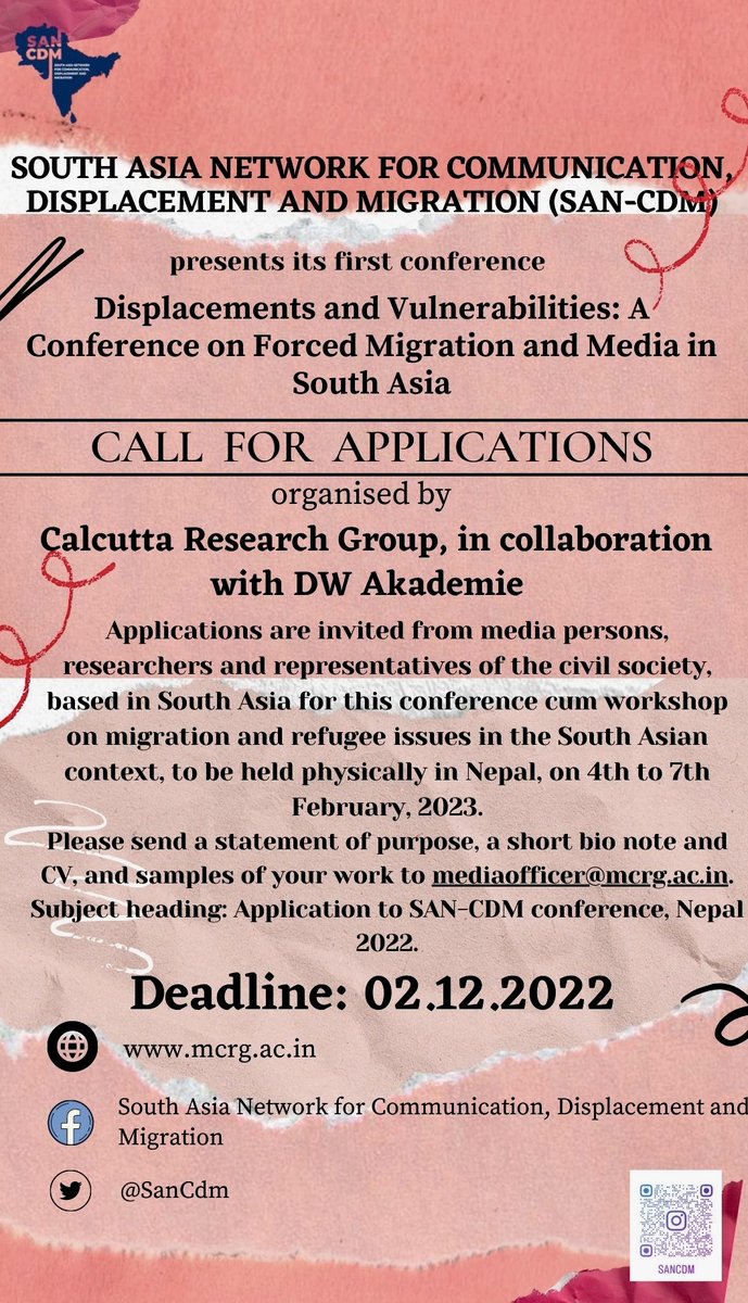 SanCdm's tweet photo. Workshop Alert: Media persons, researchers and representatives of civil society based in South Asia for this conference/workshop on #Migration and #refugeeissues in the #SouthAsian context, to be held in Nepal, 4-7 February, 2023. 
@MCRG_CRG  
@dw_akademie 
DEADLINE : 02.12.2022 https://t.co/nPokrVRvu6