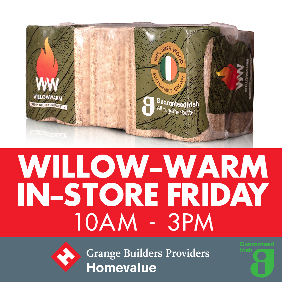 Looking out for a good fuel offer? #WillowWarm Ireland are doing a demo on their new carbon-neutral eco-logs, with special offers up for grabs in-store!

Find Fri 2nd Dec 10-3pm!
#Briquettes #Sustainability #GuaranteedIrish #GrangeBuildersProviders #Homevalue <a href="/willowwarmirl/">WillowWarm 🇮🇪</a>