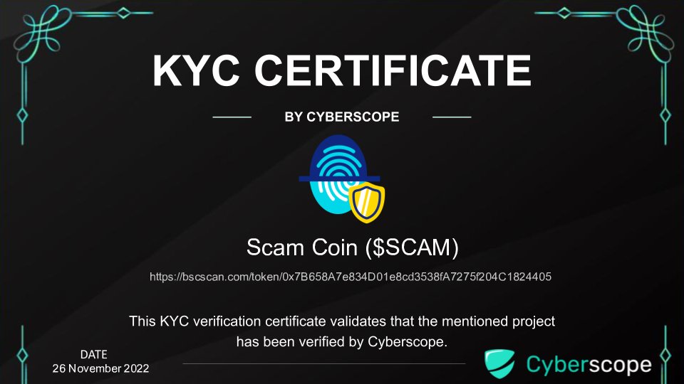 SCAMCOINART's tweet photo. The contract for Scam Coin is changed
find below the updated KYC by @cyberscope_io 

https://t.co/i8gIeqMtRn
https://t.co/MZgkj0zcxL https://t.co/a3Jifv4Mst