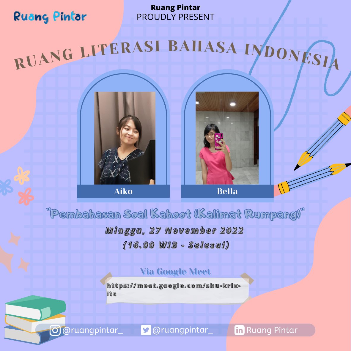 ruangpintar_'s tweet photo. Halo, Rangers! 🙌🏻, siapa nih yang masih penasaran sama pembahasan kuis di kahoot tadi? 🤔 besok banget nih kita bahas kelanjutan pembahasan kuis tadi sekalian diskusi bareng-bareng 🤩🤩 

📅 Minggu, 27 November 2022
⏰ 16.00 WIB - selesai
📌 Google Meet
Kode meet:
shu-krix-itc https://t.co/98dHPw9HAP