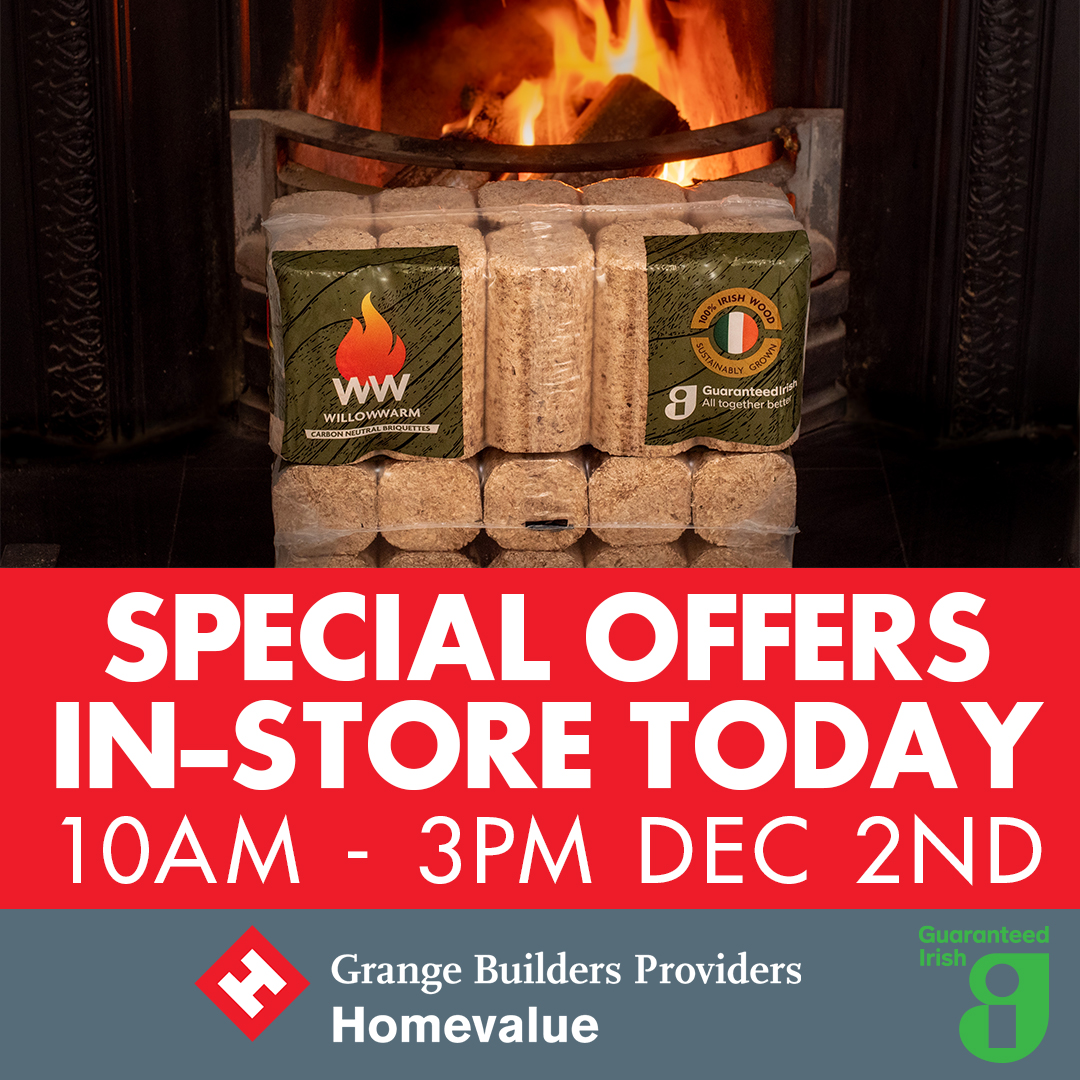 🔥 Drop in today from 10am for a FREE sample of #WillowWarm carbon-neutral #fuel, and a Buy 4 Get 1 Free deal! 🔥

Available exclusively instore today until 3pm
#Briquettes #CarbonNeutral #Sustainability #GuaranteedIrish #GrangeBuildersProviders #Homevalue <a href="/willowwarmirl/">WillowWarm 🇮🇪</a>