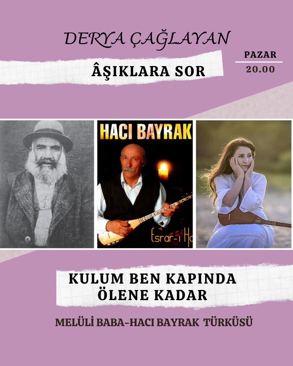 Deryacaglayan1's tweet photo. Pazar 20:00…
#aşıklarasor #melulibaba #hacıbayrak https://t.co/xb2XBDFAO0