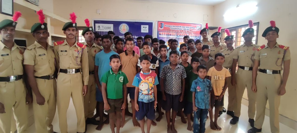 NccTvmalai's tweet photo. Kalaignar Karunanidhi Govt Arts College Tiruvannamalai NCC cadets celebrated NCC Day by donating food to Destitute children in homes, located at  Athiyanthal village, Tiruvannamalai https://t.co/KYRGBiZxrK