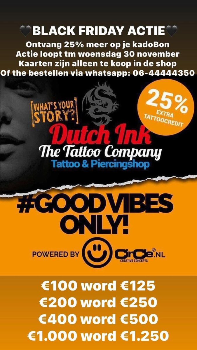dutchink2's tweet photo. DE REAL BLACK FRIDAY DEAL

25% méér op je kadobon! 

Verkrijgbaar in de shop of te bestellen via
Whatsapp: 06-44444350 

https://t.co/zNLBinxe8P https://t.co/uuDj6IP1vs