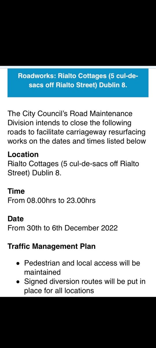 RespectRialto's tweet photo. Roadworks notice for Rialto Cottages the cul de sacs / avenues road surfaces being upgraded by @DubCityCouncil November 30 to Dec 6th. 8am to 11pm. https://t.co/XTk3OnhEKQ