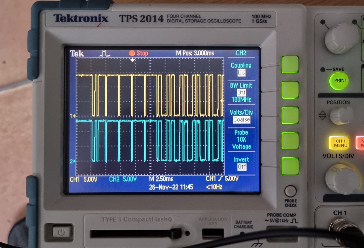 hooskworks's tweet photo. I didn't expect this. Both T and R lines signal the same thing at the same time. Bit period looks to be ~500us so this could be 2400 baud. 12V single ended logic levels is a helpful to have confirmed too. Time to fit some snooping wires and reassemble the panel. https://t.co/y0y0nm8UFw