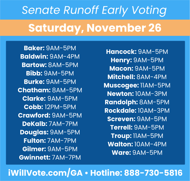 If you live in any of these counties, you can vote early today!

Go to iWillVote.com/GA to find your polling locations and call or text 888-730-5816 if you need help!