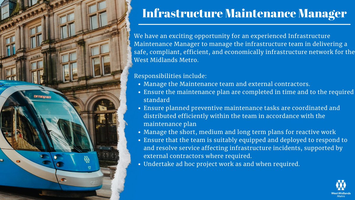 WMmetro's tweet image. We're currently on the lookout for an experienced Infrastructure Maintenance Manager. Interested then head over to our website and apply today!

Click to view vacancies: bit.ly/3fLBzHs

#WeAreMetro #MetroMatters #joinourteam #nowhiring #recruiting #applytoday