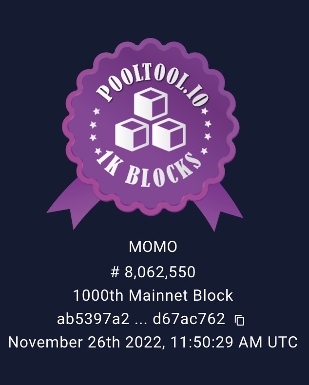 momoadapool's tweet image. おかげさまで【MOMO ADA POOL】は、「1000Blocks」生成の達成をいたしました🎉

日本ギルドのSPOの方々にフォロワーの皆さま、そして【MOMO ADA POOL】に委任していただいている皆さま、本当に感謝しております。
ありがとうございます✨

今後ともMOMOプールをどうぞよろしくお願いいたします🍑