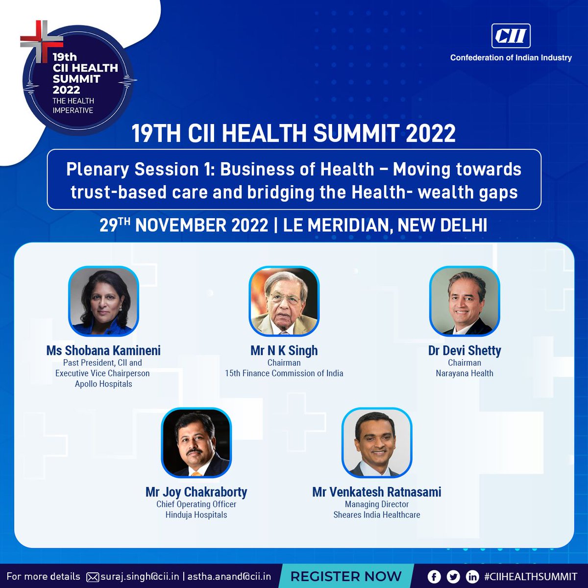 CII4Health's tweet photo. At the #CIIHEALTHSUMMIT, Plenary Session 1: "Business of Health – Moving towards trust-based care &amp; bridging the Health- wealth gaps" expert voices from the health industry join us for the discussion. 

Reg here >  https://t.co/OFYQKPmKUu 
#SaveTheDate : 29 Nov 2022 https://t.co/KsePyjF25z