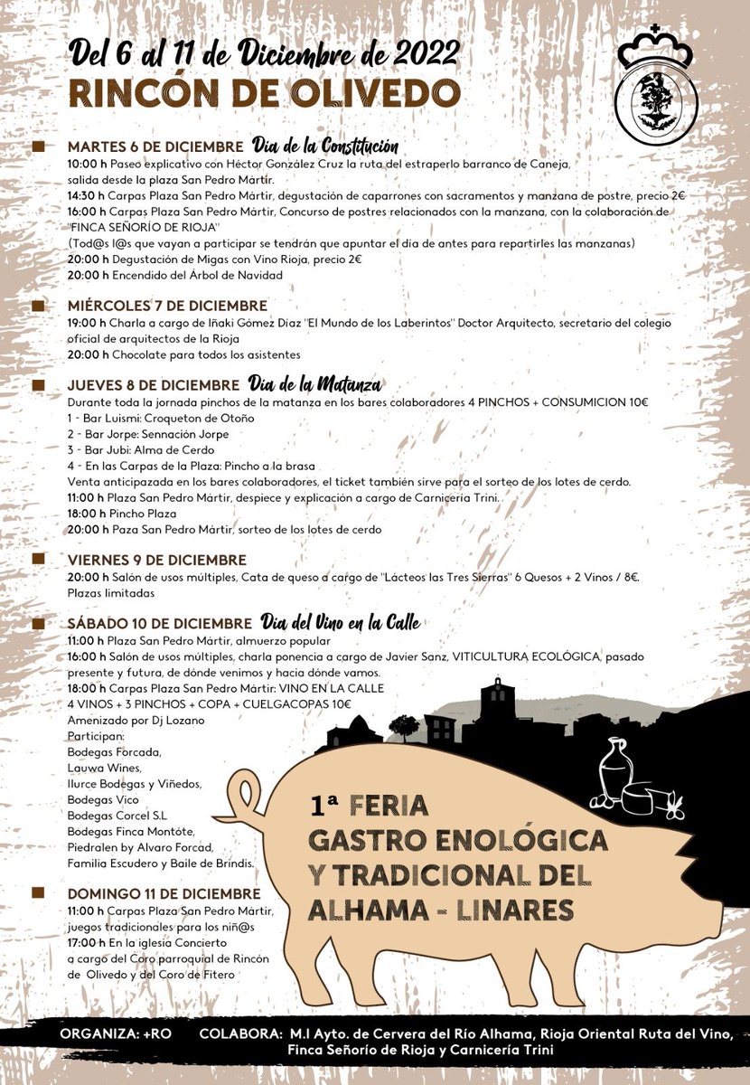 ROlivedo's tweet photo. 1*Feria gastro enológica y tradicional del Alhama-Linares en Rincón de Olivedo
Del 6 al 11 de diciembre, sin olvidar el 4 de diciembre donde se celebrará la patrona histórica del municipio (santa Bárbara) https://t.co/ryRhzS4NzC