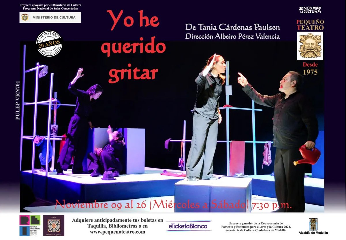Pequeno_TeatroM's tweet photo. ¡HOY sábado última función!
YO HE QUERIDO GRITAR
Una obra mordaz, aguda e inteligente sobre la violencia de género
7:30 p.m.
Boletas #EntradaLibreAporteVoluntario en taquilla, Bibliometros o con pre-aporte a través de https://t.co/qM8iHVKAiU
Fragmento: https://t.co/sBibnGKucL https://t.co/0w5GQiTxbL
