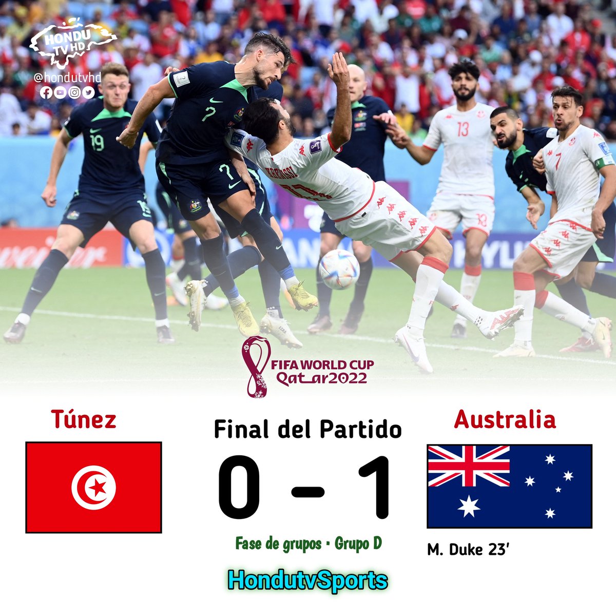 #hondutvsports | Resultado justo en el Estadio Al Janoub, ambos equipos demostraron que querían ganarlo, pero la solidez defensiva de Australia opacó todos los ataques de Túnez. Si hay que elegir una figura en este partido, es todo el equipo australiano.  #Qatar2022