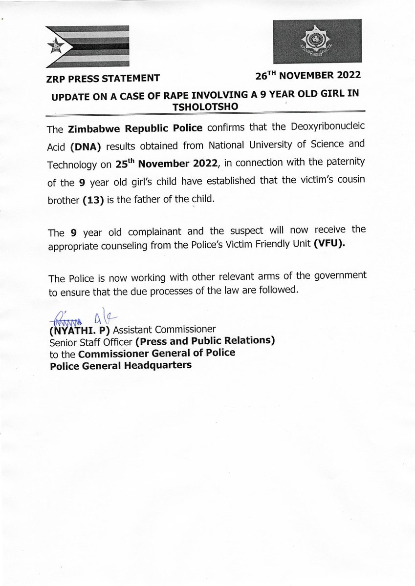 zimlive's tweet photo. #BREAKING Police say DNA testing has revealed that a 9-year-old girl who gave birth at UBH recently was impregnated by her 13-year-old cousin brother, after having earlier interviewed her father as a suspect. Police say both children now "receiving counselling" https://t.co/UnrwYDmFVw