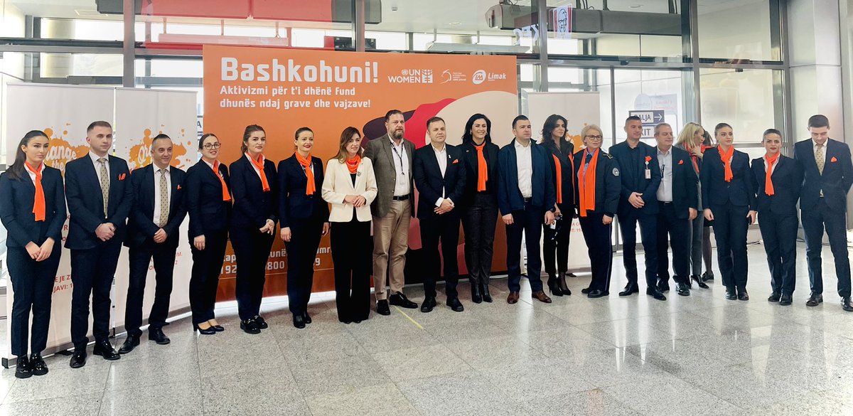 We continued with #16DaysOfActivism campaign today with Minister <a href="/albulenahaxhiu_/">Albulena Haxhiu</a>  &amp; partners. <a href="/AirportPristina/">PIAAJ Limak</a> turned orange,passengers will receive information through materials distributed by airport staff &amp;Kosovo Police, also info displayed via led screens.
#asedhenjemeshume