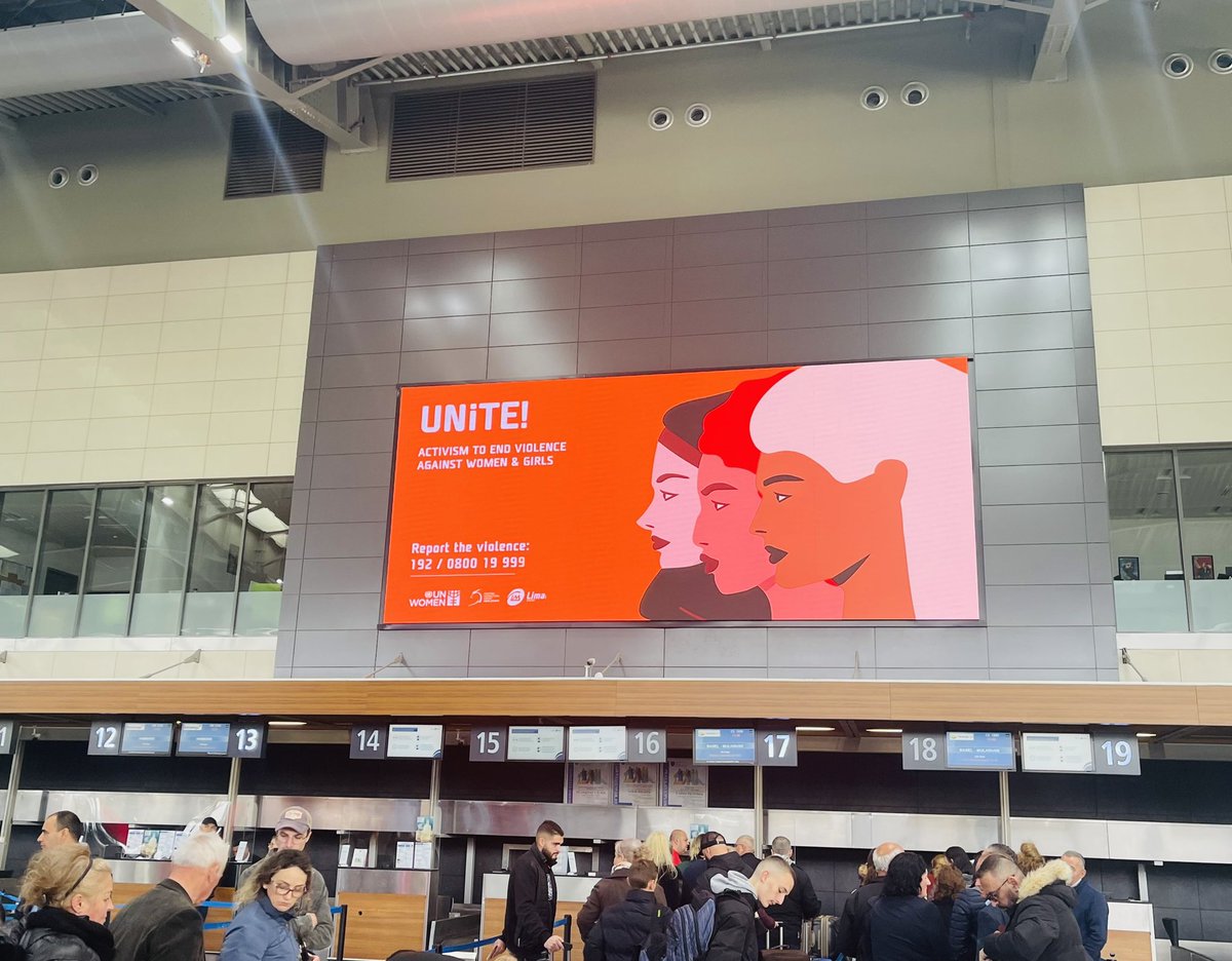 NushiVlora's tweet photo. We continued with #16DaysOfActivism campaign today with Minister @albulenahaxhiu_  &amp; partners. @AirportPristina turned orange,passengers will receive information through materials distributed by airport staff &amp;Kosovo Police, also info displayed via led screens.
#asedhenjemeshume https://t.co/n5RsvEU2aU