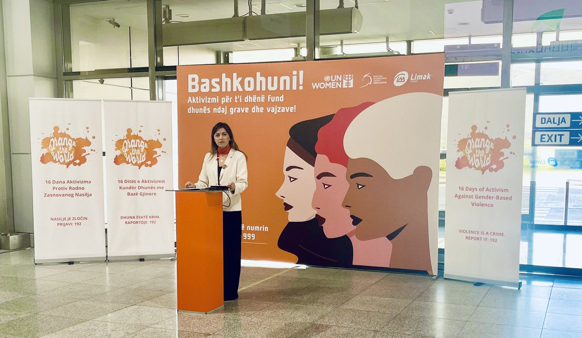 NushiVlora's tweet photo. We continued with #16DaysOfActivism campaign today with Minister @albulenahaxhiu_  &amp; partners. @AirportPristina turned orange,passengers will receive information through materials distributed by airport staff &amp;Kosovo Police, also info displayed via led screens.
#asedhenjemeshume https://t.co/n5RsvEU2aU