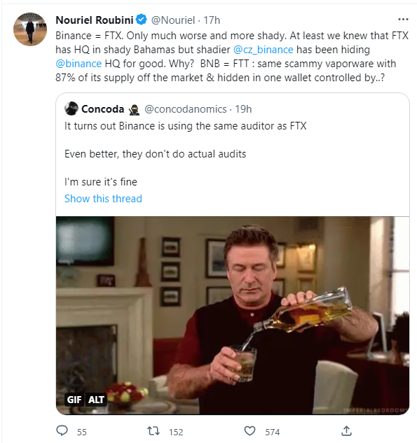 esatoshiclub's tweet photo. This guy @Nouriel is a #Bitcoin hater since $BTC was like $10. His frustration with @cz_binance is probably a bullish sign for #Binance and $BNB 😅 https://t.co/pBlEjvxZh6