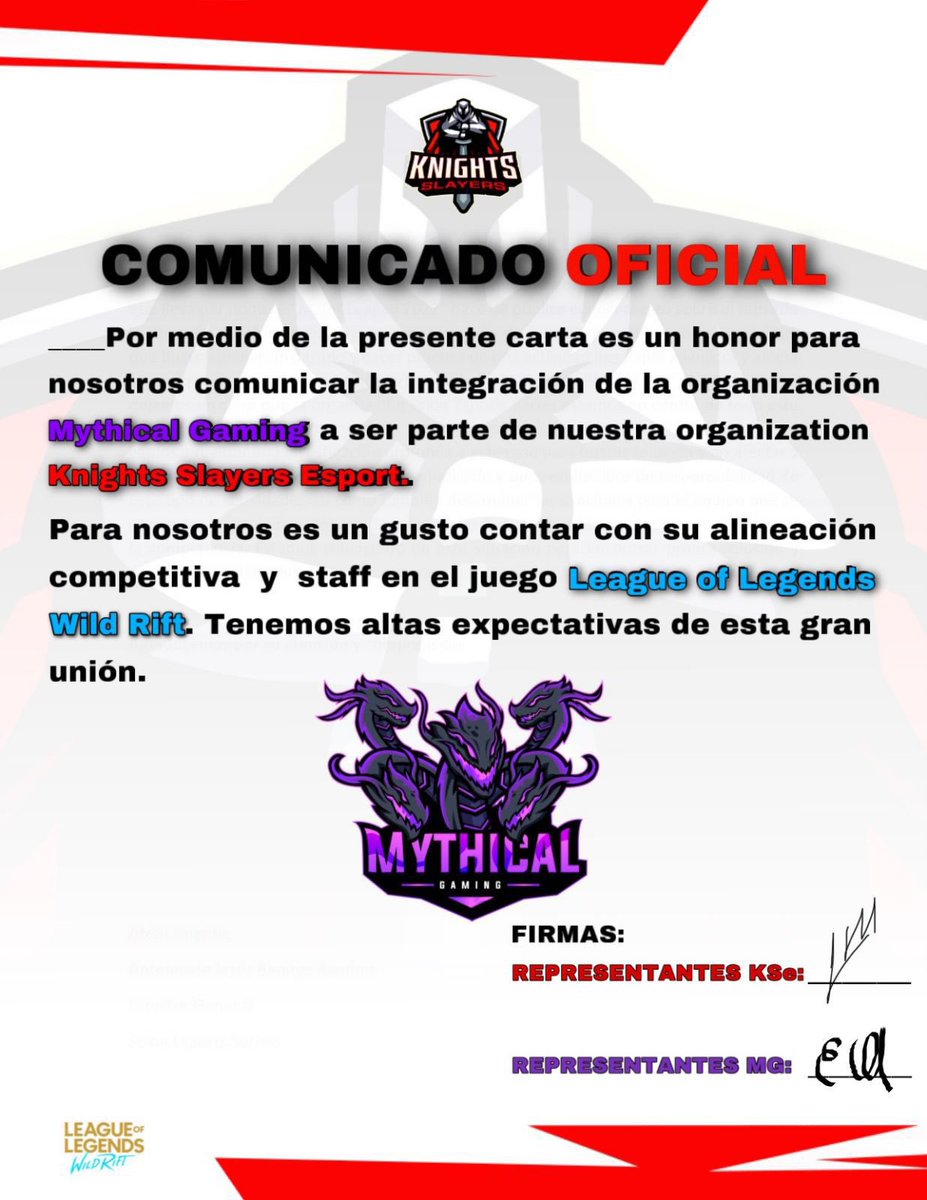 Comunicado oficial 

Es con mucho entusiasmo que compartimos esta noticia. 

Se estará incorporando su equipo y staff de <a href="/mythicalteamgg/">Mythical Gaming</a>  a nuestra organización <a href="/KnightsSlayers/">Knights Slayers Esports</a> .