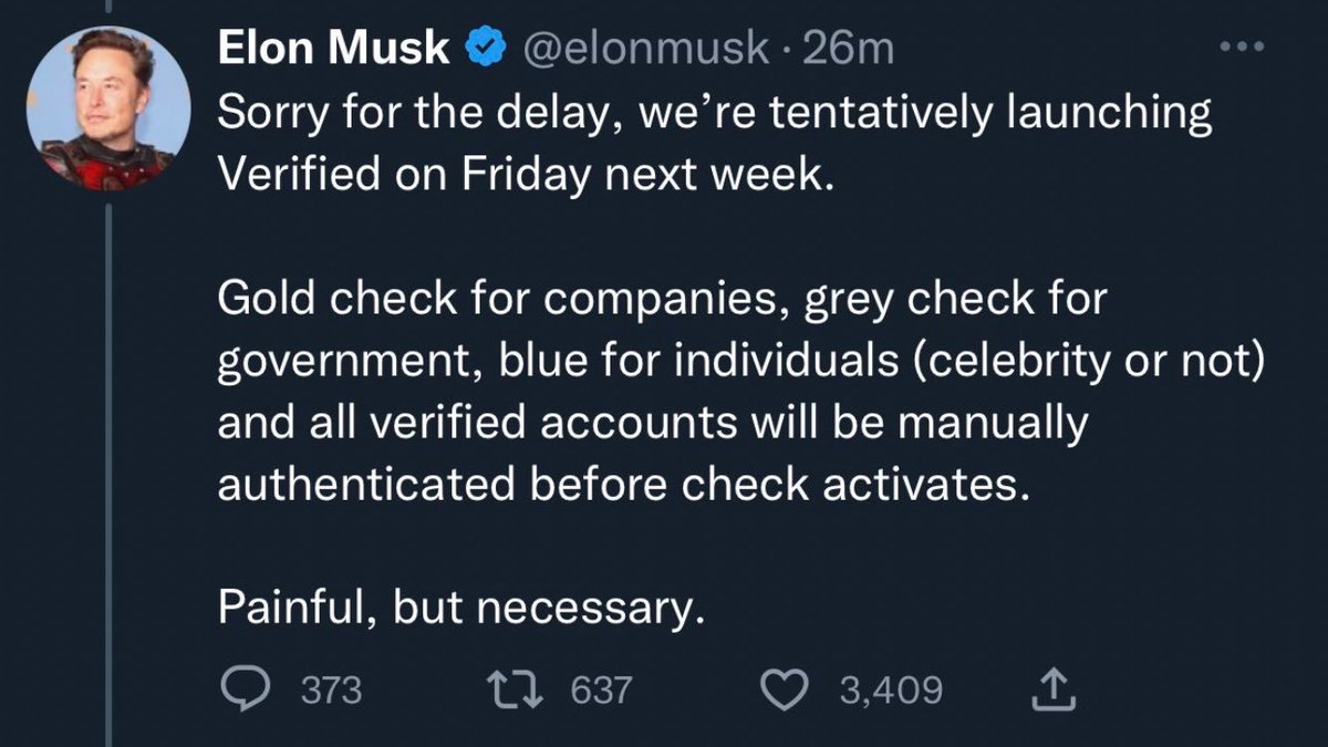 MetaverseZeus's tweet photo. Elon Musk says that starting next week, Twitter will start manually verifying Blue, Grey, and Gold accounts.

he's going to release
Gold check for companies
Grey check for government
Blue for individuals

 #twitter #twitteraccount #twitterbadge #elonmusk #elonmusktwitter https://t.co/R6CXjShtPY