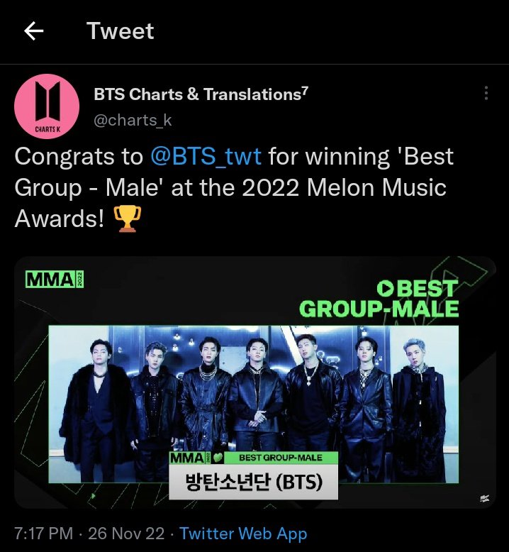 byanluvtaepe's tweet photo. congratulations @bts_bighit @BTS_twt 🥳🎉🫶🏻
#BTS #MMA2022 #BTSWINNER #MMABTS #BestMaleGroup #MELONMUSICAWARDS #MelonMusicAwards2022 https://t.co/jvMPtOBcpO