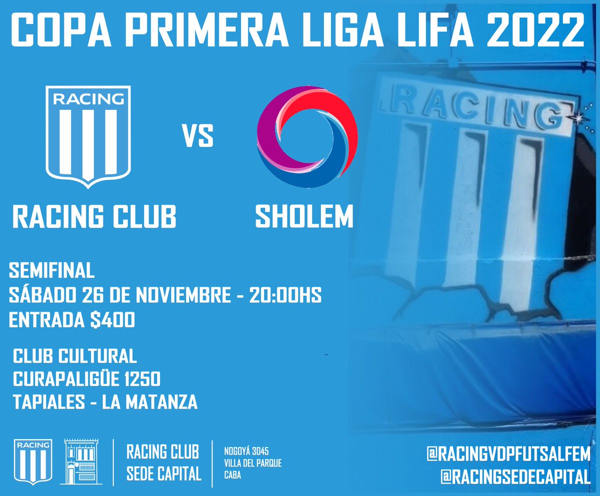 RacingVDPFutFem's tweet photo. La 1ra división que compite en @primeraligaIFF se enfrentará a Sholem por la semifinal de la Copa de la Liga este sábado a las 20hs en el club Cultural de Tapiales.

#Racing
#RacingVdP
#RacingClub
#FutsalFemenino

🎓⚽️💙 https://t.co/J5gxAVr3ws
