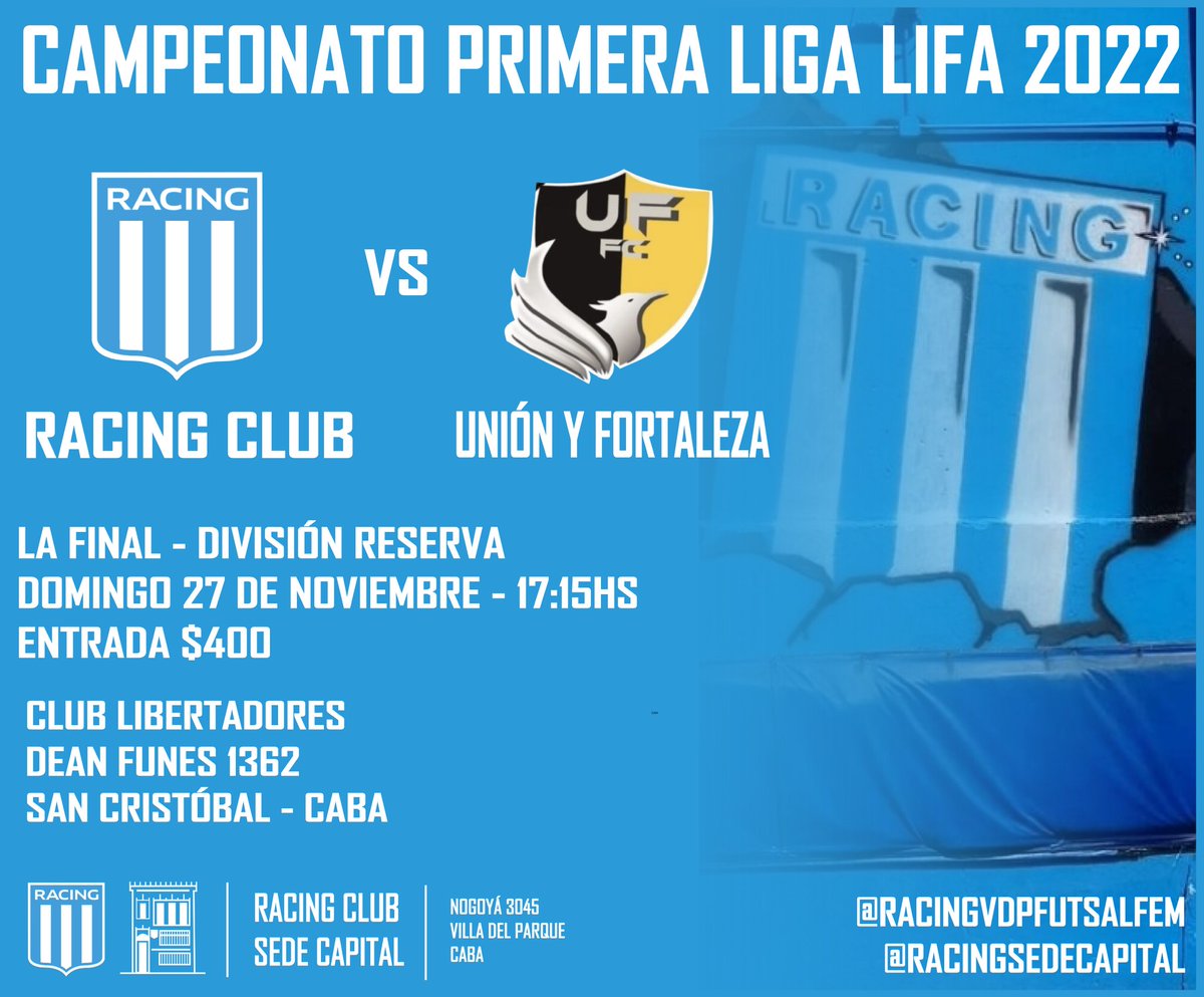 RacingVDPFutFem's tweet photo. ¡Se viene otra final!🏆🎓

La reserva que compite en @primeraligaIFF jugará la final del campeonato 2022, este domingo a las 17:15hs, ante Unión y Fortaleza en el club Libertadores.

#Racing
#RacingVdP
#RacingClub
#FutsalFemenino

🎓⚽️💙 https://t.co/I0GqkuOTg9
