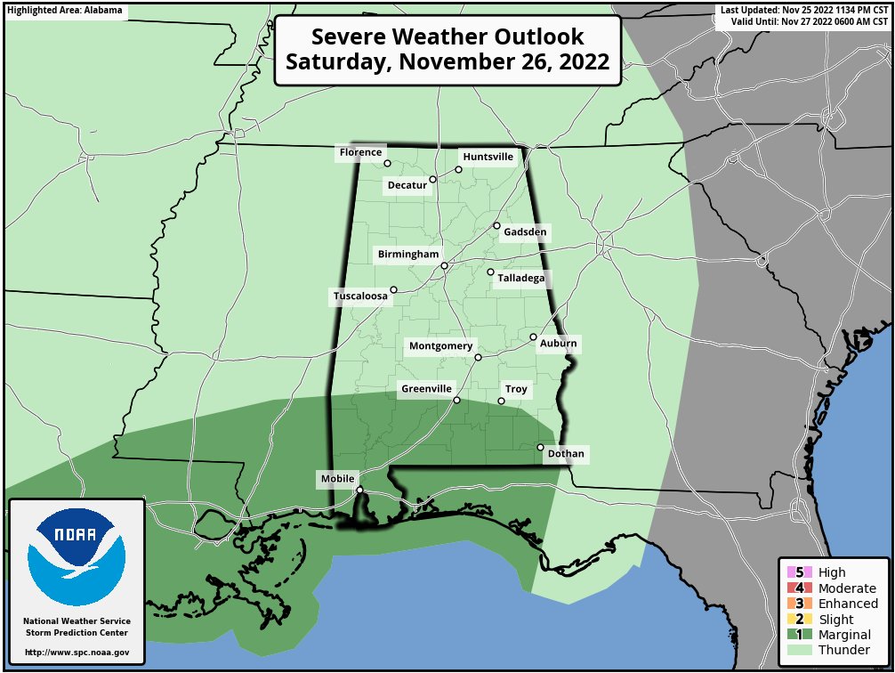 spann's tweet photo. There is a “marginal risk” (level 1/5) of severe storms tonight for the southern 1/4 of Alabama, with potential for an isolated tornado or two. 

For the rest of Alabama, wet and very windy. Gradient winds will average 15-25 mph, with potential for gusts to 40 in spots tonight https://t.co/J7KpqnKOFe