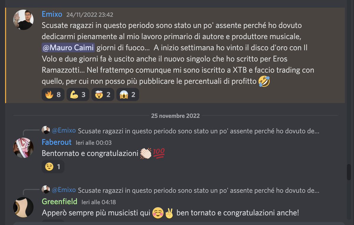 TradingonIt's tweet photo. Complimenti al nostro iscritto Academy @EmilioMunda che in settimana ha vinto un DISCO D'ORO con IL VOLO ๐๐ผ.
Oltre ad essere diventato un Best Trader in solo 1 anno ๐ฅ
Academy only for Top๐ช
#academy #tradingon #trader #musica #crypo #bitcoin #music #trading https://t.co/BIPAhqbPS7