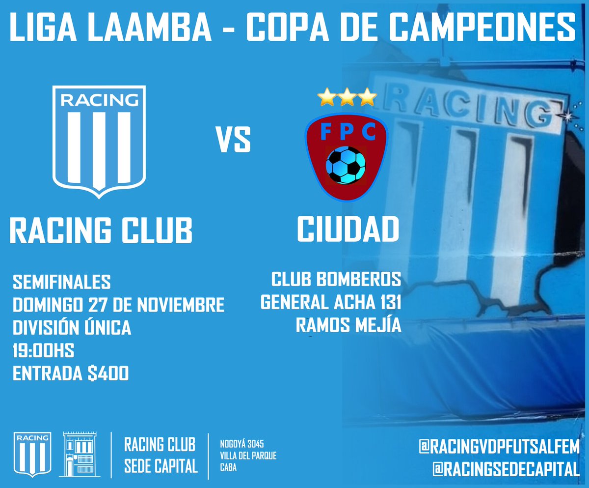 RacingVDPFutFem's tweet photo. La división única de tira LAAMBA se enfrentará a  Ciudad FF por la semifinal de la Copa de Campeones.🏆💙

La cita es este domingo a las 19hs en el Club Bomberos.

#Racing
#RacingVdP
#RacingClub
#FutsalFemenino

🎓⚽️💙 https://t.co/SRI10RFPYy