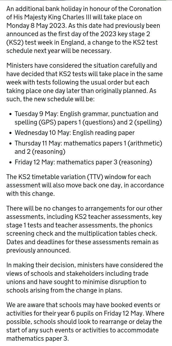 Here's the link to the official announcement... #KS2TestDates2023
gov.uk/government/new…