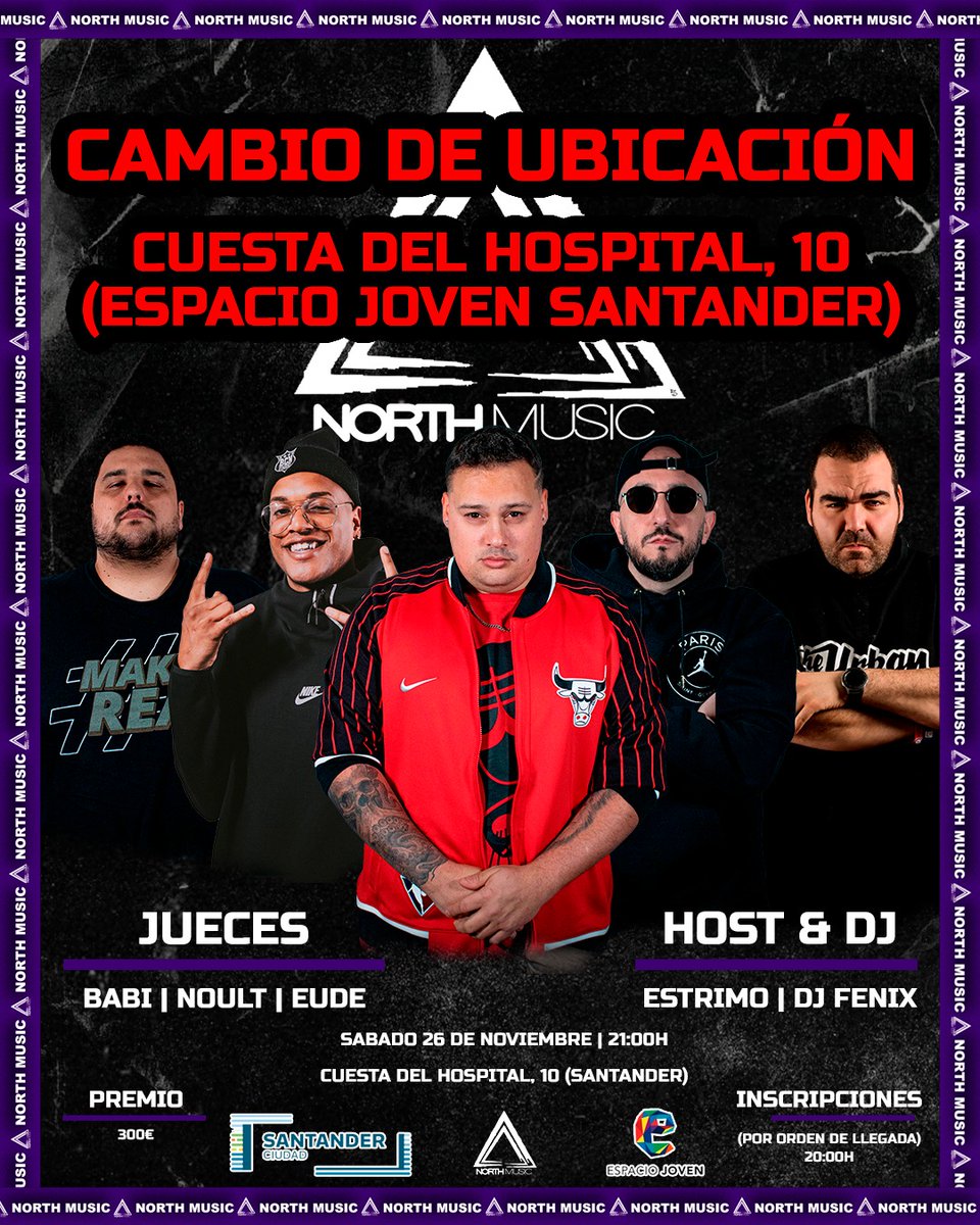 NorthMusic_es's tweet photo. 💥 SANTANDER 💥Os esperamos hoy en el @ejovensantander con unos jueces de lujo como son @Estrimo @BabiBlackBull @Noult1 @Eude_Oficialazo y un DJ que es un espectáculo @DjFenixRAP 💫✨

#BatallasDeGallos #VuelveNorthMusic https://t.co/2oUpmP4qA4