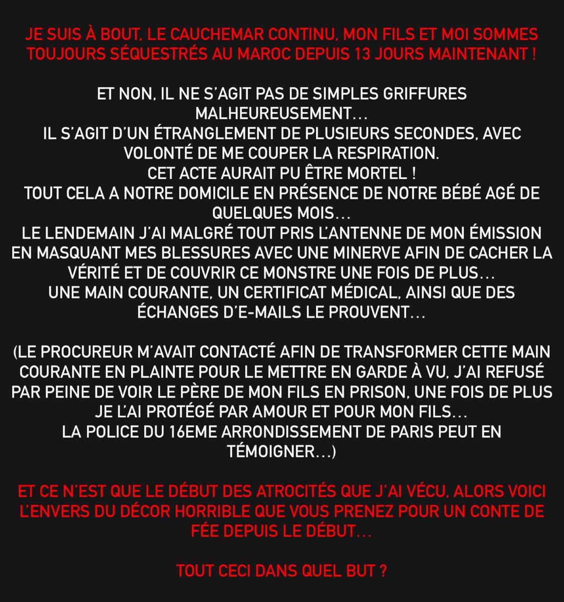 AyemNour's tweet photo. JE SUIS À BOUT, LE CAUCHEMAR CONTINU, MON FILS ET MOI SOMMES TOUJOURS SÉQUESTRÉS AU MAROC DEPUIS 13 JOURS MAINTENANT ! 💔🤲🏻 https://t.co/LLyRIZtQ2S