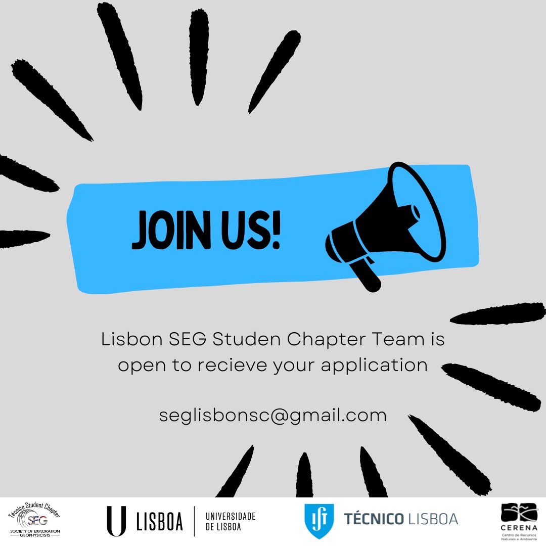 SEGLisbonSC's tweet photo. Lisbon SEG Student Chapter is open to recieve new members. Join us and be part of the best geophysical comunity, where you can learn and start to build your own network. Do you have any doubts about how to join our team? Email us! #SEGLisbonStudentChapter #SEGStudentChapter #SEG https://t.co/AvgKQNb0h8